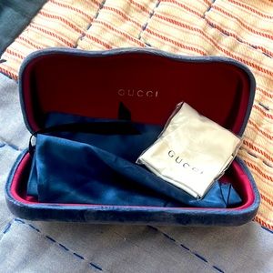 Authentic Gucci sunglasses case, drawstring bag, and glasses polisher